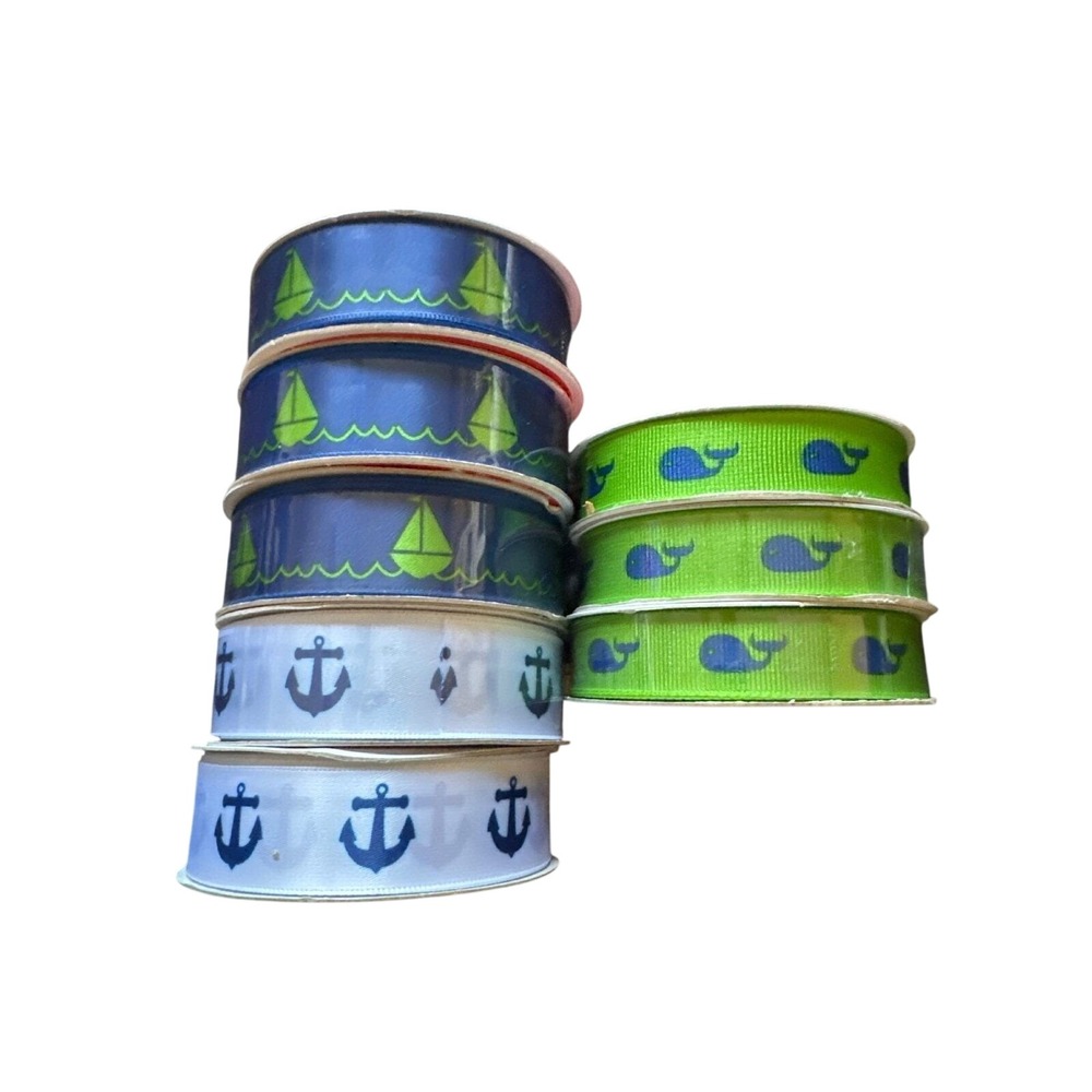Craft Smart Nautical Ribbon Bundle Sailboat Whale Anchor 8 Spools Blue Green